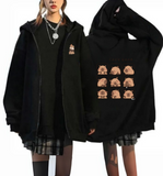 CapyBara Baskılı Oversize Fermuarlı Siyah Unisex Kapüşonlu Hırka