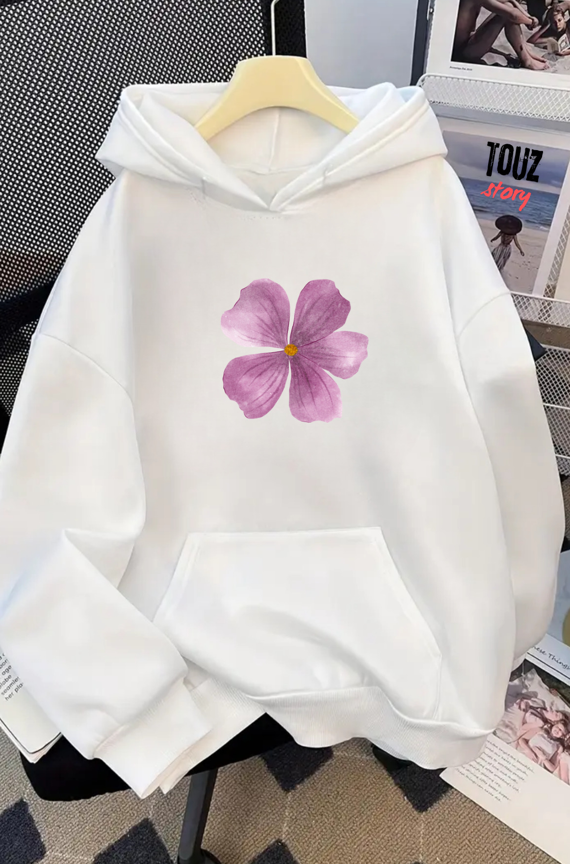 Falower Detail Baskılı Kapşonlu Sweatshirt