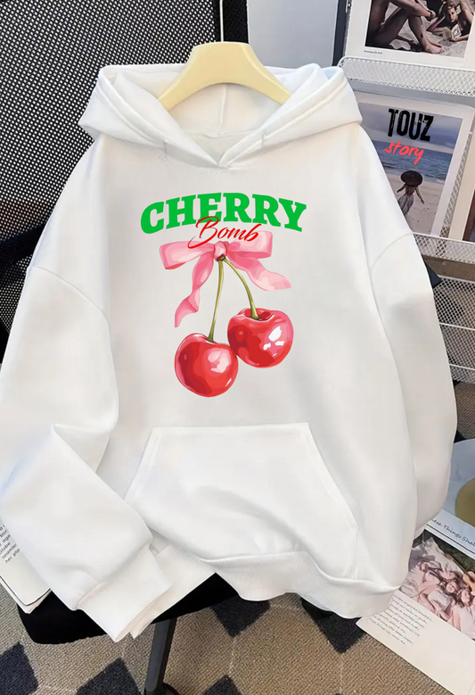 Cherry Detail Baskılı Kapşonlu Sweatshirt