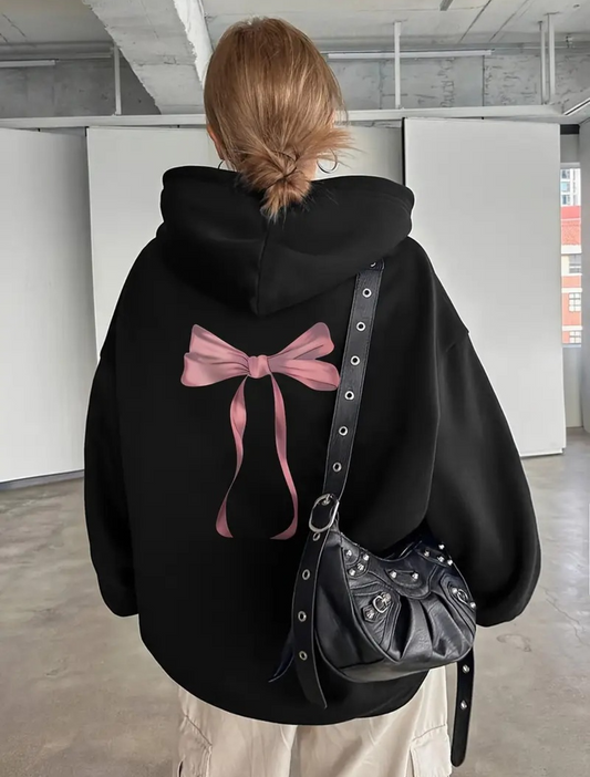 Ribbon Sırt Detail Baskılı Kapşonlu Sweatshirt