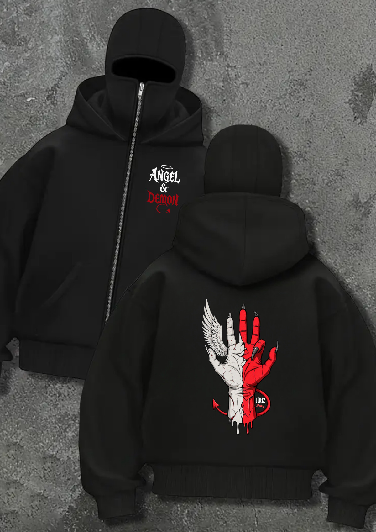 Angel & Demon Oversize Fermuarlı Siyah Unisex Kapüşonlu Hırka