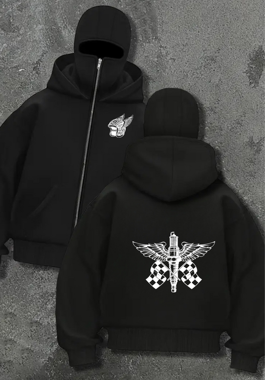 Motorbike Detaylı Oversize Fermuarlı Siyah Unisex Kapüşonlu Hırka