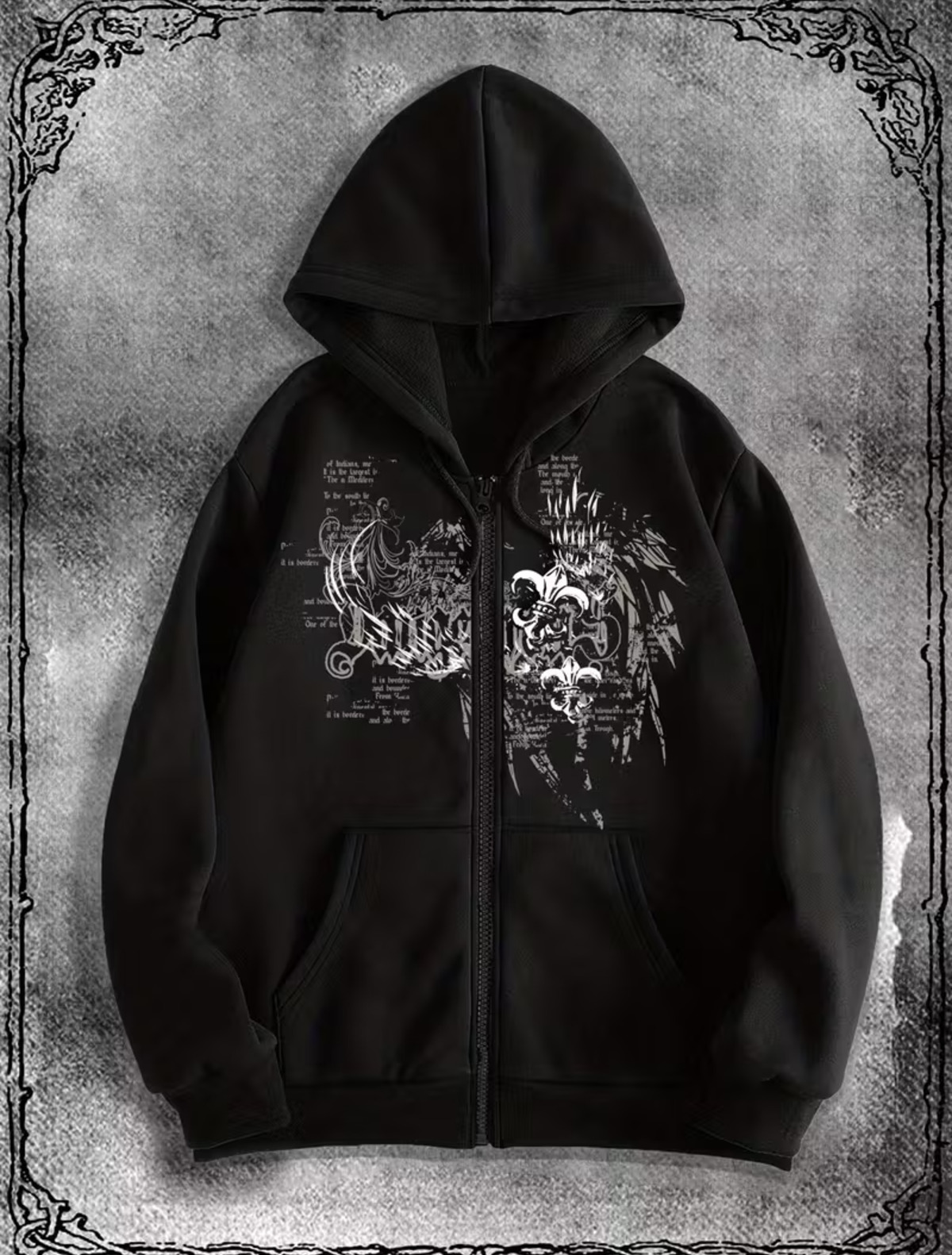 Gothic Baskılı Oversize Fermuarlı Siyah Unisex Kapüşonlu Hırka