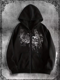 Gothic Baskılı Oversize Fermuarlı Siyah Unisex Kapüşonlu Hırka