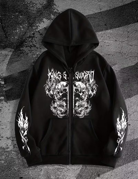 Gothic Baskılı Oversize Fermuarlı Siyah Unisex Kapüşonlu Hırka