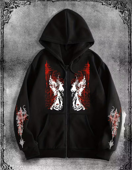 Gothic Baskılı Oversize Fermuarlı Siyah Unisex Kapüşonlu Hırka
