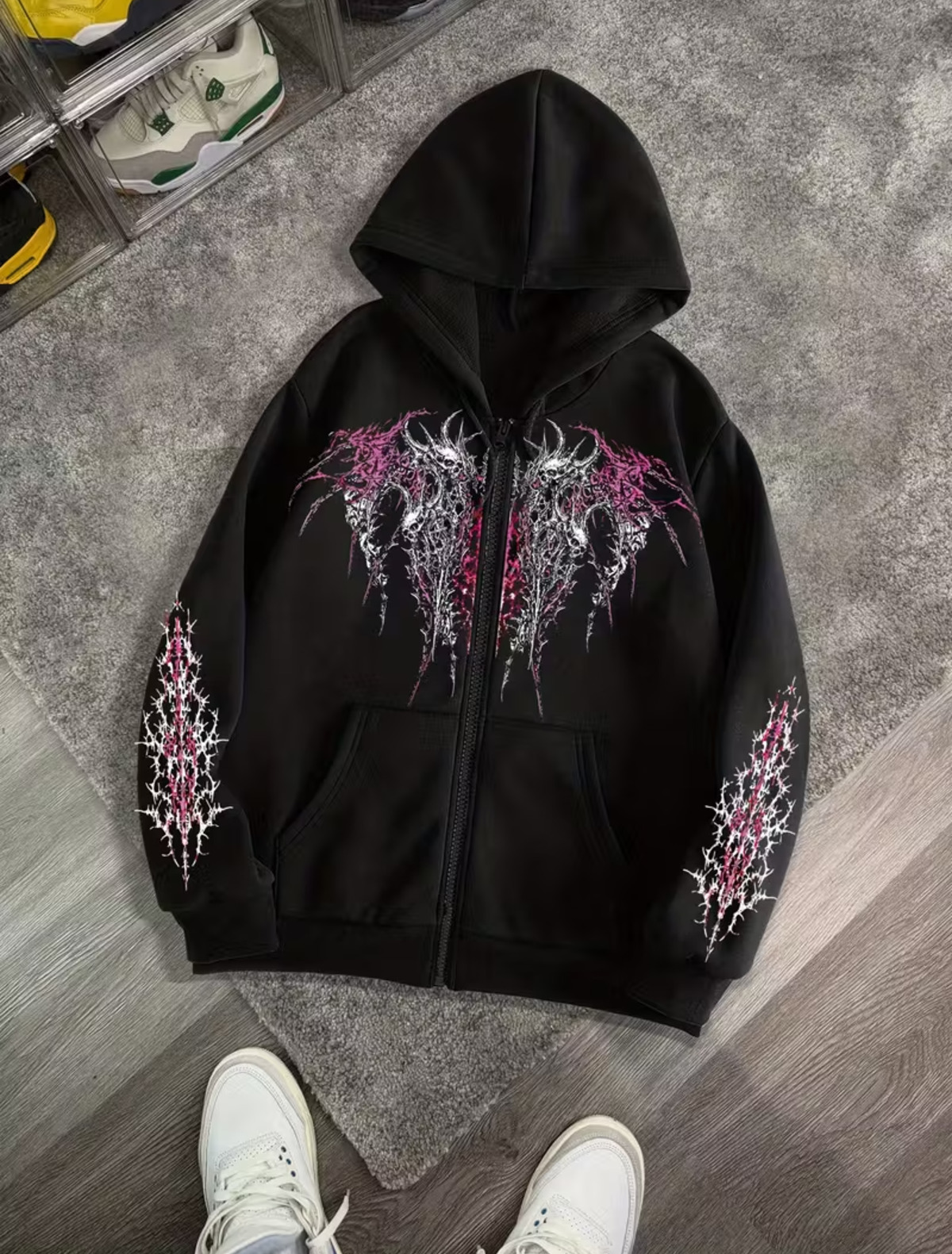 Gothic Baskılı Oversize Fermuarlı Siyah Unisex Kapüşonlu Hırka