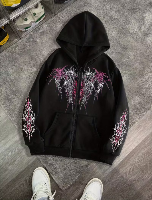 Gothic Baskılı Oversize Fermuarlı Siyah Unisex Kapüşonlu Hırka