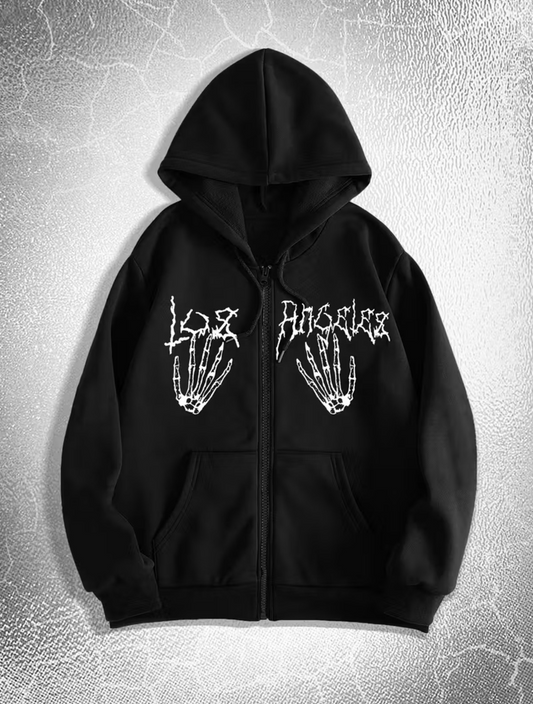 Gothic Baskılı Oversize Fermuarlı Siyah Unisex Kapüşonlu Hırka