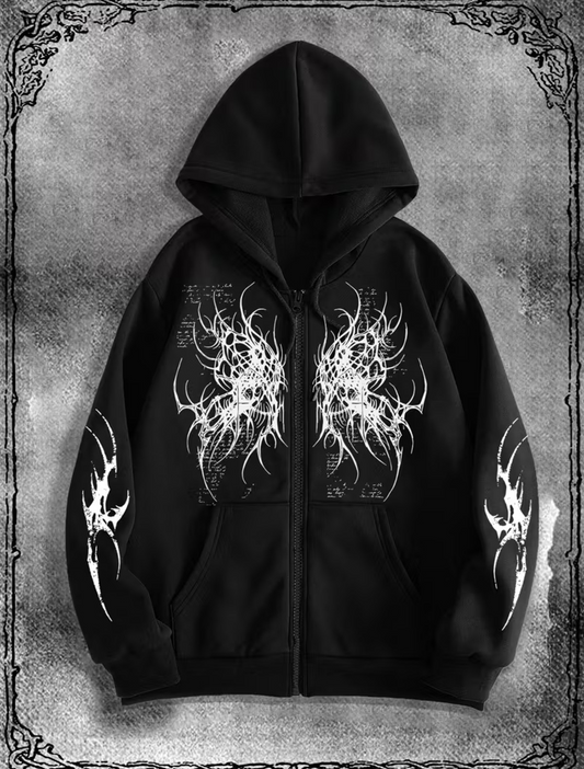 Gothic Baskılı Oversize Fermuarlı Siyah Unisex Kapüşonlu Hırka