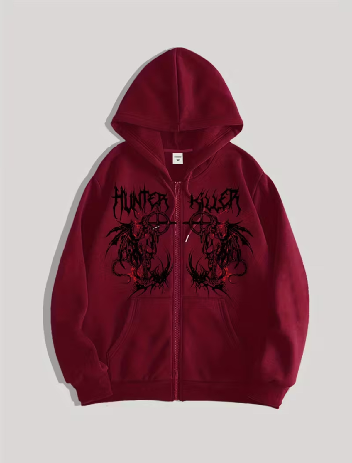 Gothic Design Oversize Fermuarlı Siyah Unisex Kapüşonlu Hırka