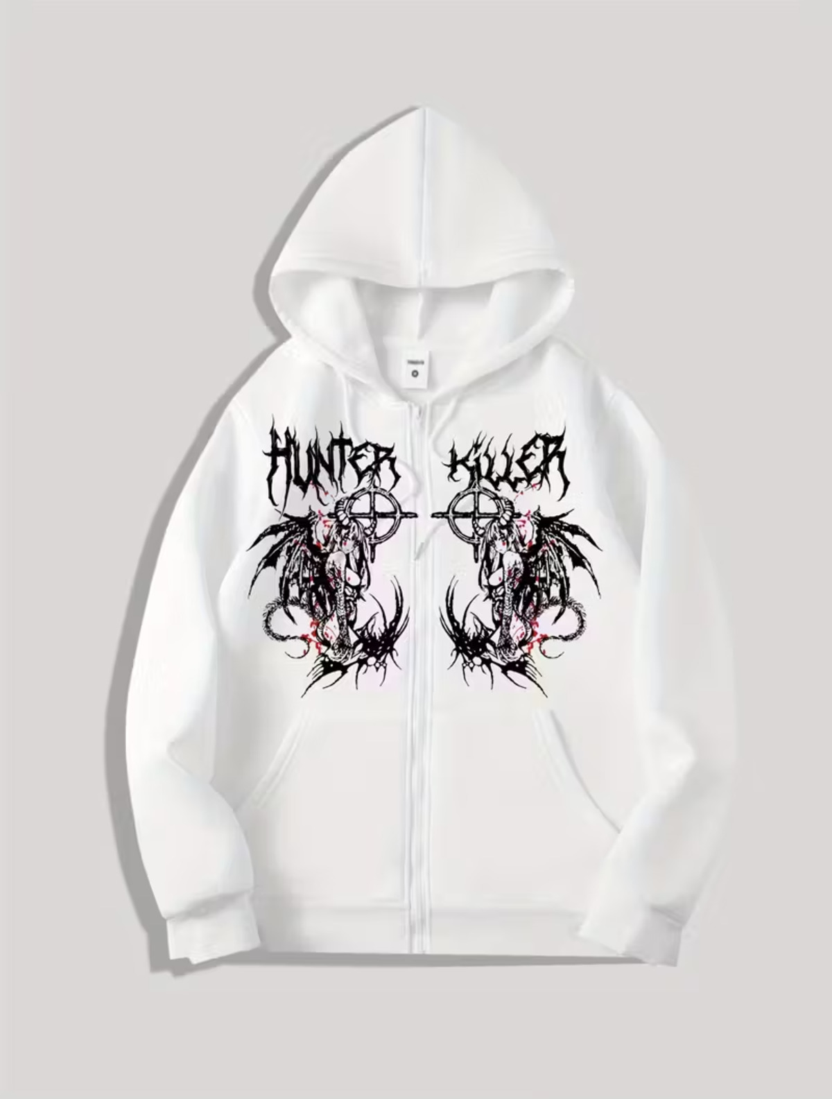 Gothic Design Oversize Fermuarlı Siyah Unisex Kapüşonlu Hırka