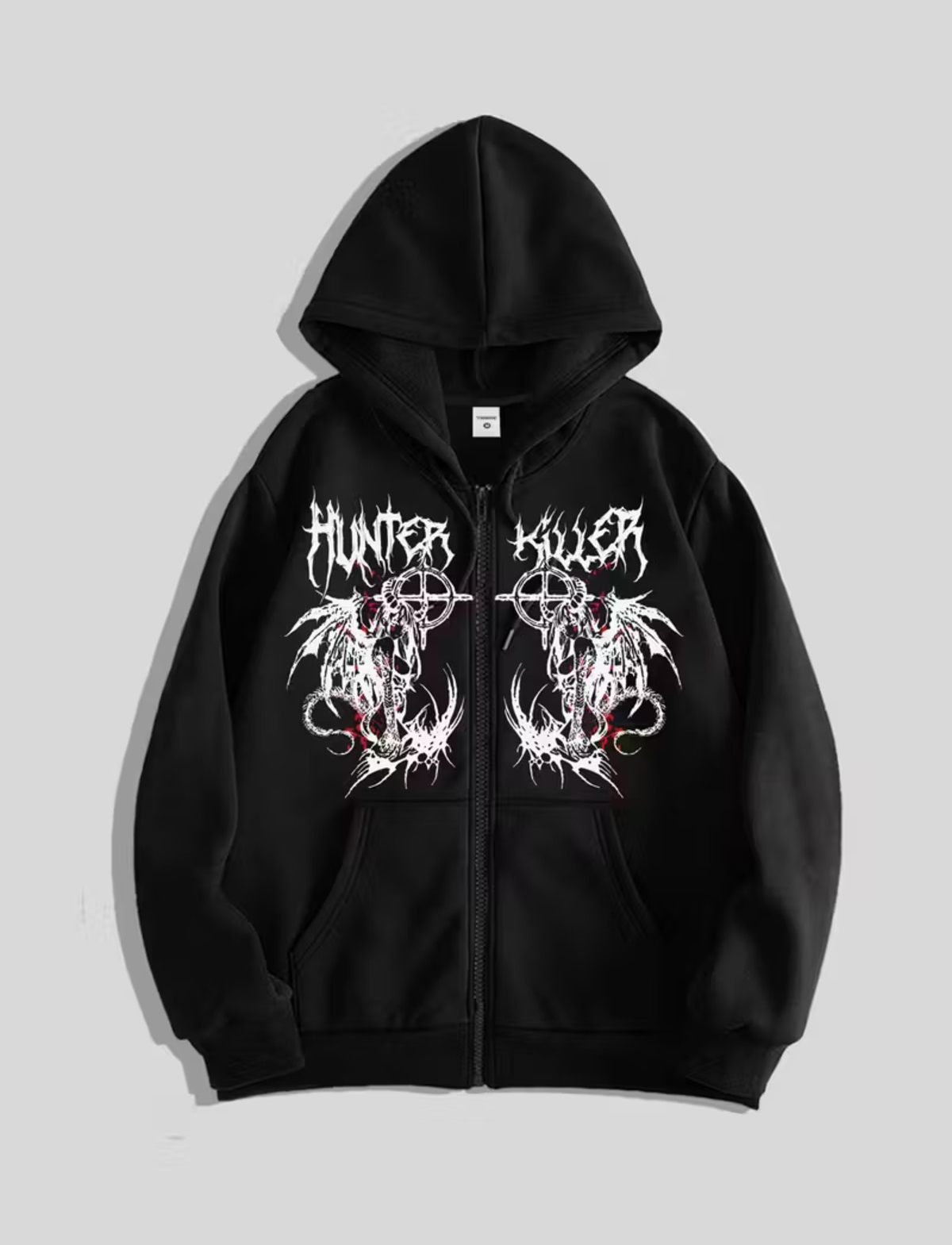 Gothic Design Oversize Fermuarlı Siyah Unisex Kapüşonlu Hırka