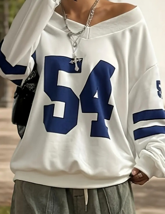 54 Number Baskılı V Yaka Oversize Sweatshirt