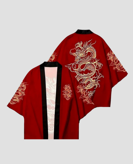 Dragon Design Red Black Detaylı Unisex Kimono
