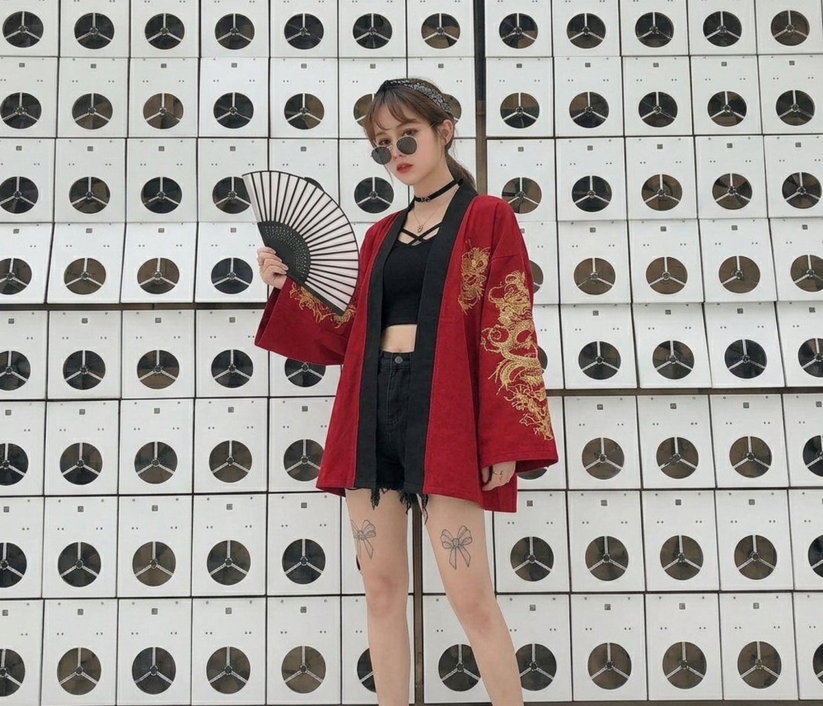 Dragon Design Red Black Detaylı Unisex Kimono