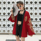 Dragon Design Red Black Detaylı Unisex Kimono