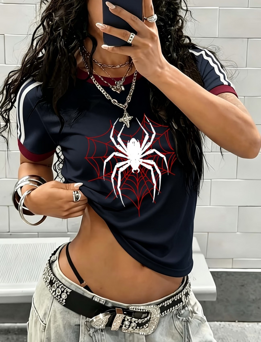 Spider Heart Baskılı Crop Bluz
