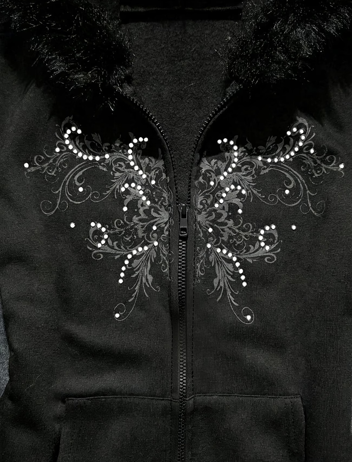Tribal Gothic Baskılı Fermuarlı Siyah Slim Fit Gothic Kürklü Zip Hırka