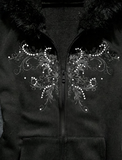 Tribal Gothic Baskılı Fermuarlı Siyah Slim Fit Gothic Kürklü Zip Hırka
