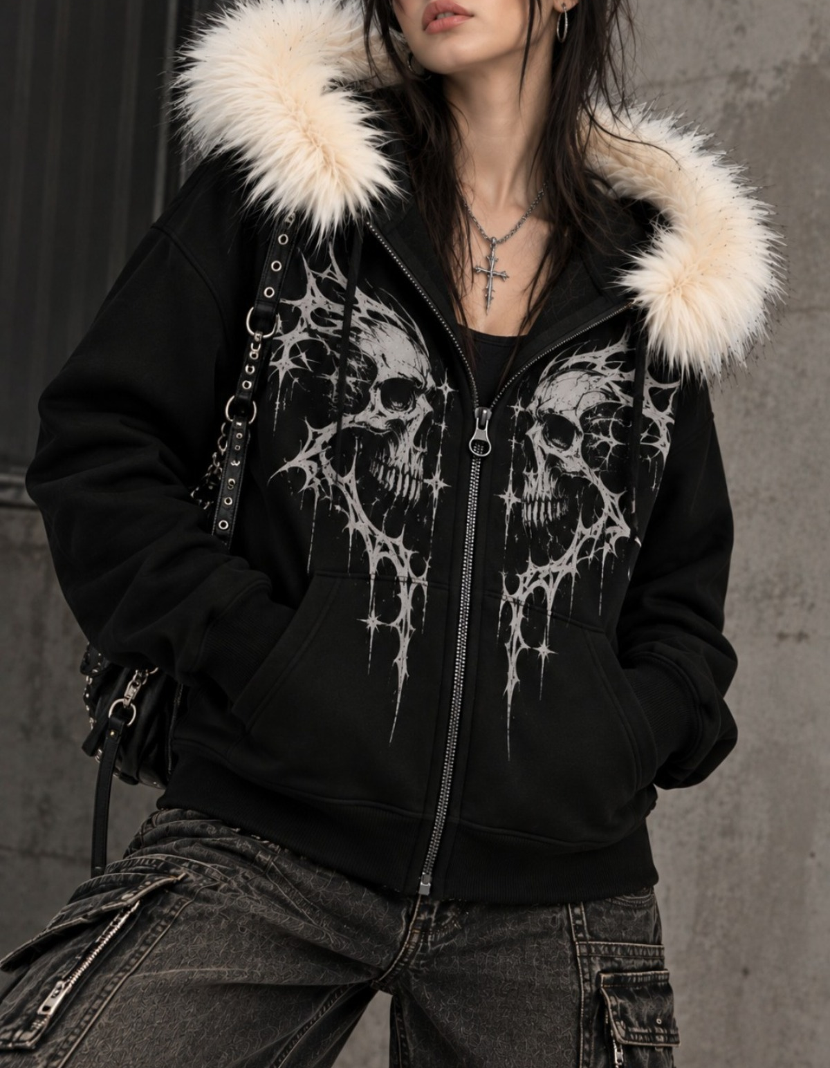 Gothic Skull Kuru Kafa Baskılı Kürk Kapüşonlu Fermuarlı Regular Fit Sweatshirt Hoodie