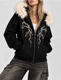 Y2K Kelebek Baskılı Kürk Detaylı Regular Fit Zip Hoodie Sweatshirt
