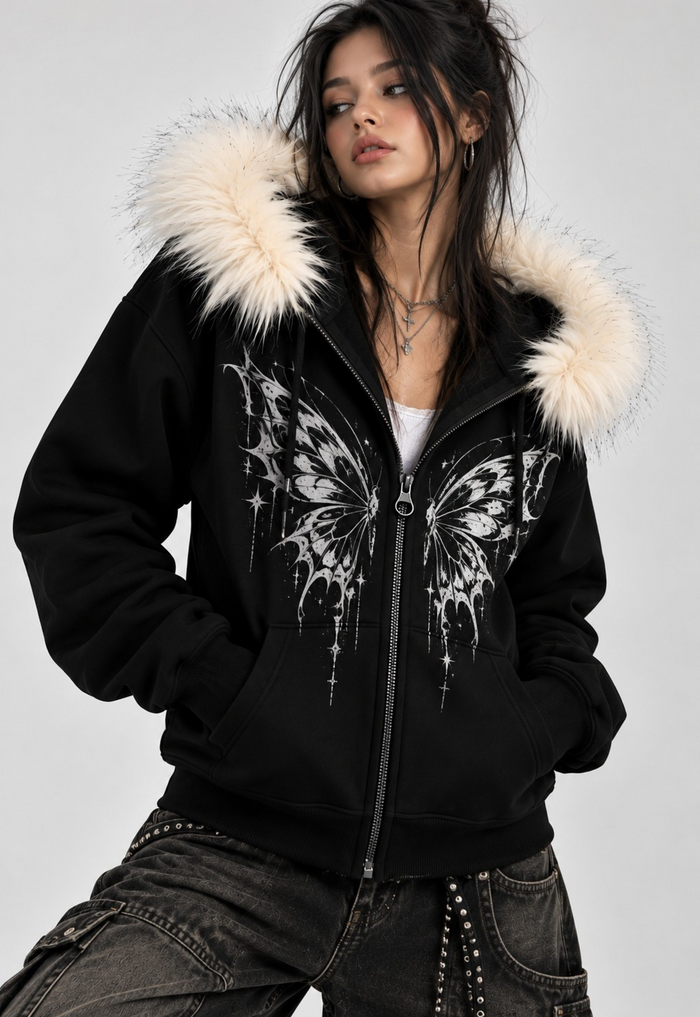 Y2K Kelebek Baskılı Kürk Detaylı Regular Fit Zip Hoodie Sweatshirt
