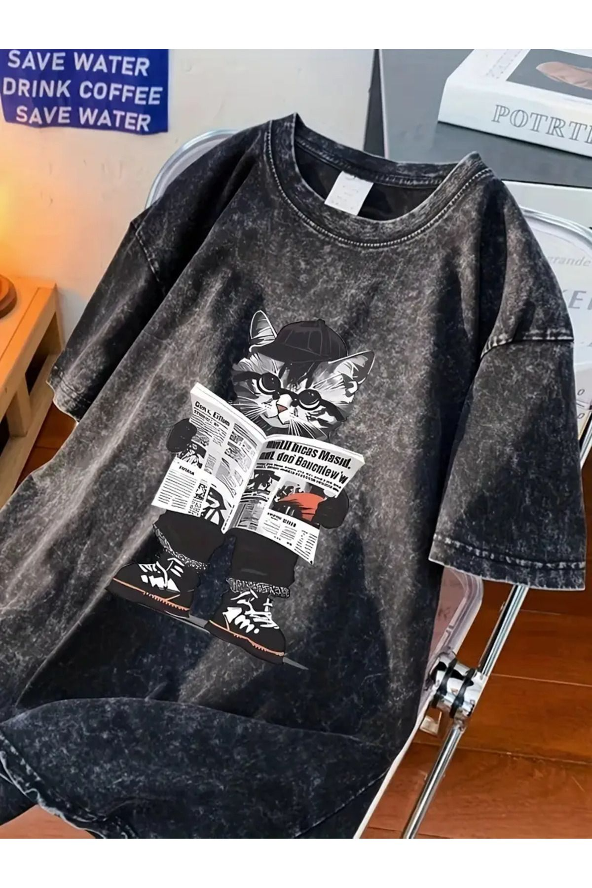 Vintage Cute Cat Baskılı Oversize Vintage T-Shirt