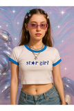Mavi Biyeli Star Girl Baskılı Beyaz Body Crop Bluz