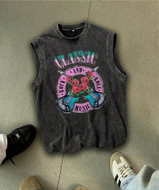 Rock And Roll Kolsuz Atlet Bisiklet Yaka Yıkamalı Vintage Unisex Oversize T-Shirt