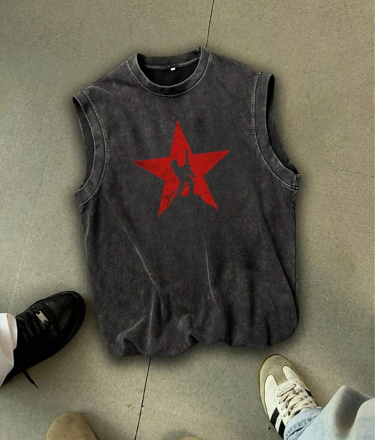 Red Star Kolsuz Atlet Bisiklet Yaka Yıkamalı Vintage Unisex Oversize T-Shirt