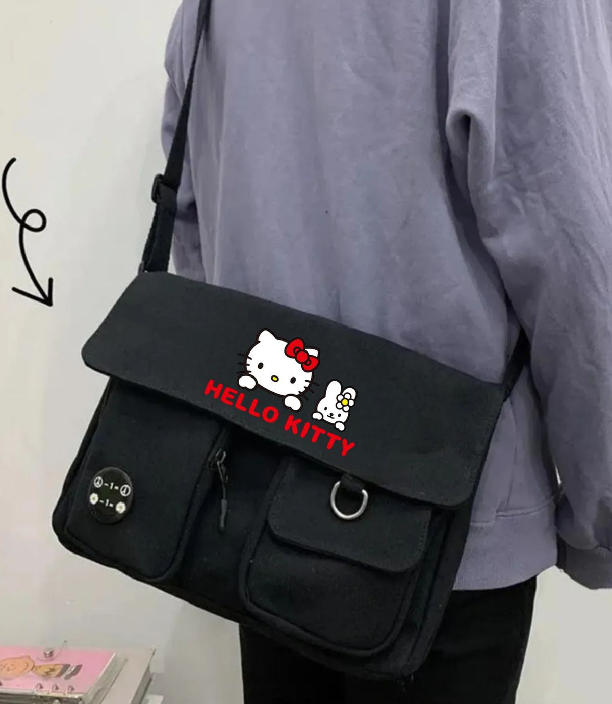 Kity Harajuku Unisex Cepli Unisex Siyah Postacı Çantası