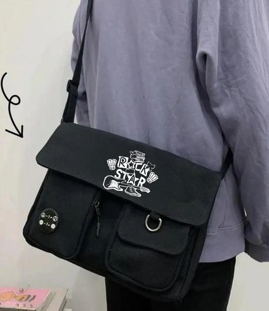 Rock Star Karakter Harajuku Unisex Cepli Unisex Siyah Postacı Çantası