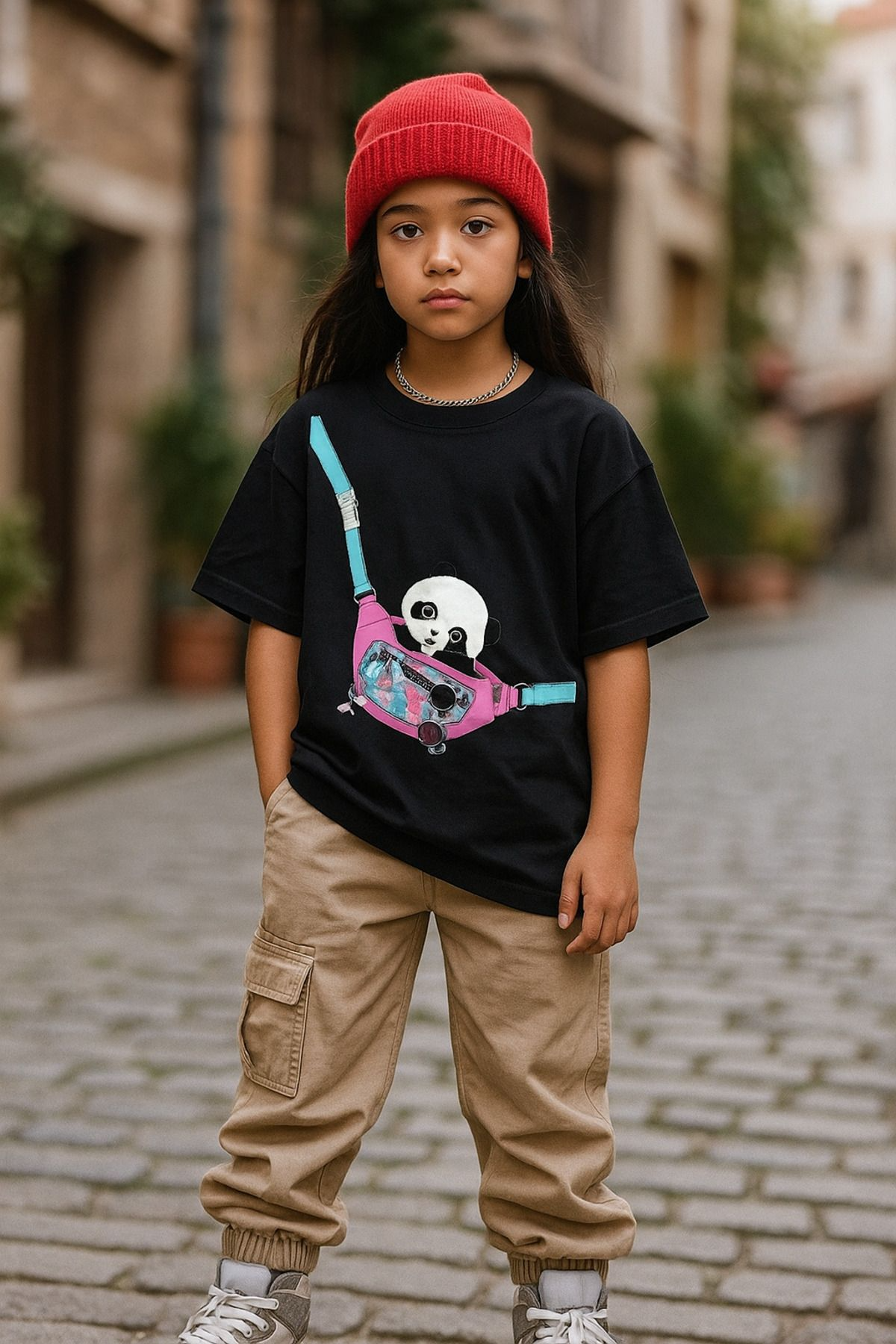 Sevimli Panda Kids Design Unisex Oversize T-Shirt