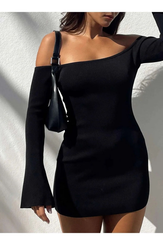 Kadın Ribana Açık Omuz Uzun Kollu Mini Elbise