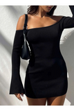 Kadın Ribana Açık Omuz Uzun Kollu Mini Elbise