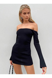 Kadın Ribana Açık Omuz Uzun Kollu Mini Elbise