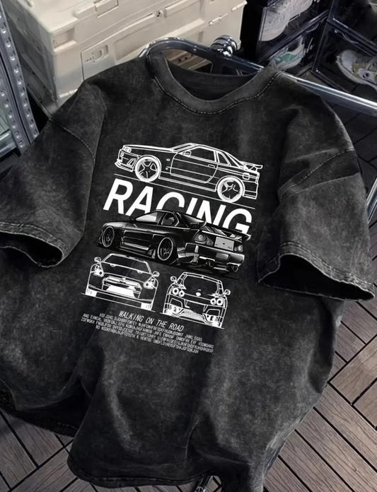 Racing Baskılı Yıkamalı Vintage Unisex Oversize T-Shirt