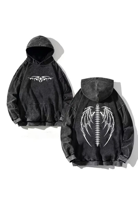 Yıkamalı Skeleton Kapüşonlu Sweatshirt Hoodie