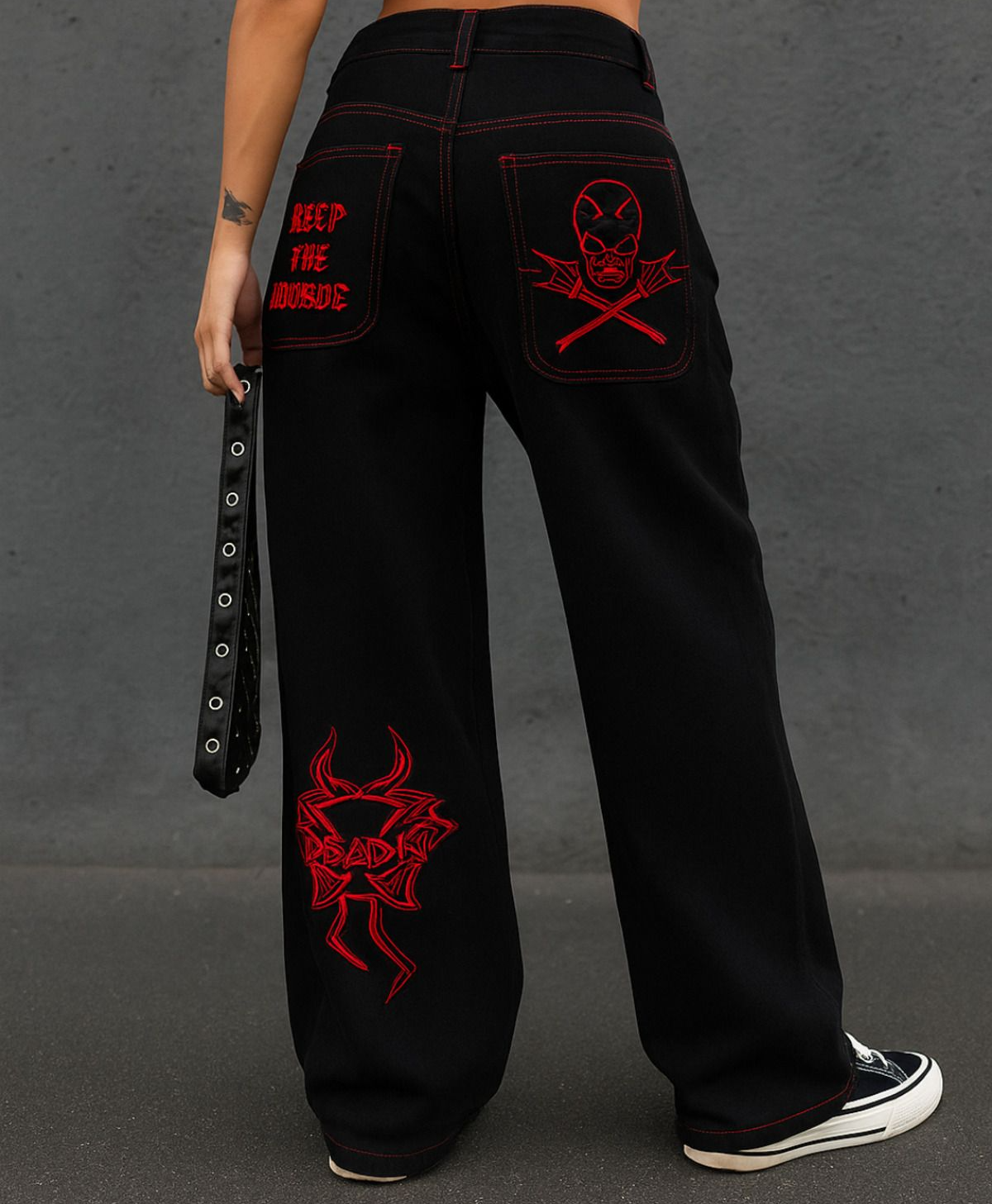 Siyah Nakışlı Retro Gothpunk Rock Bol Paça Pantolon