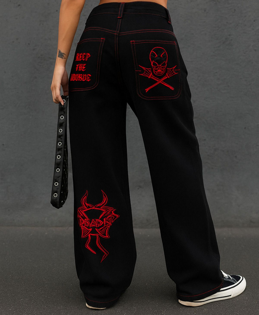 Siyah Nakışlı Retro Gothpunk Rock Bol Paça Pantolon