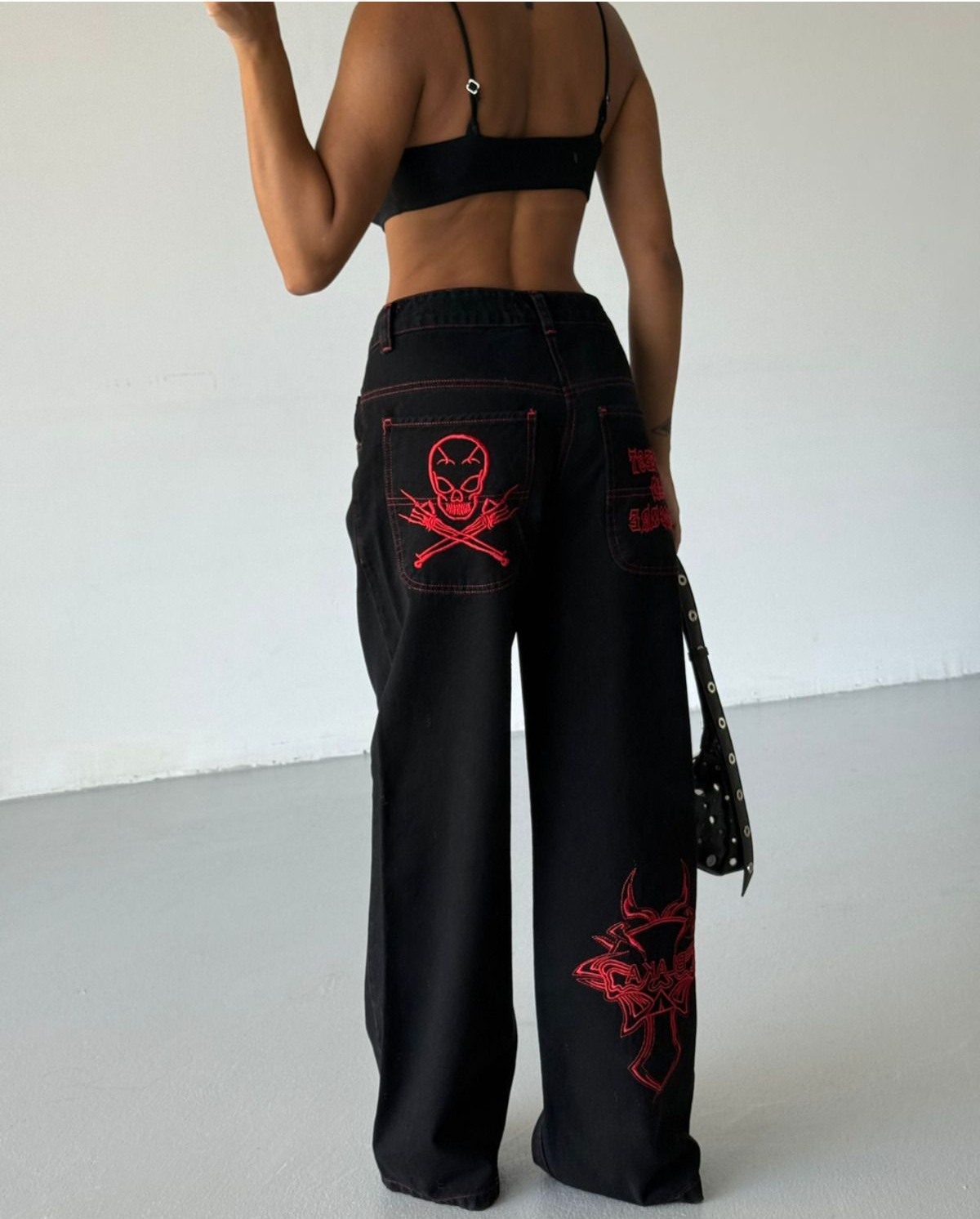 Siyah Nakışlı Retro Gothpunk Rock Bol Paça Pantolon