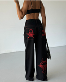 Siyah Nakışlı Retro Gothpunk Rock Bol Paça Pantolon