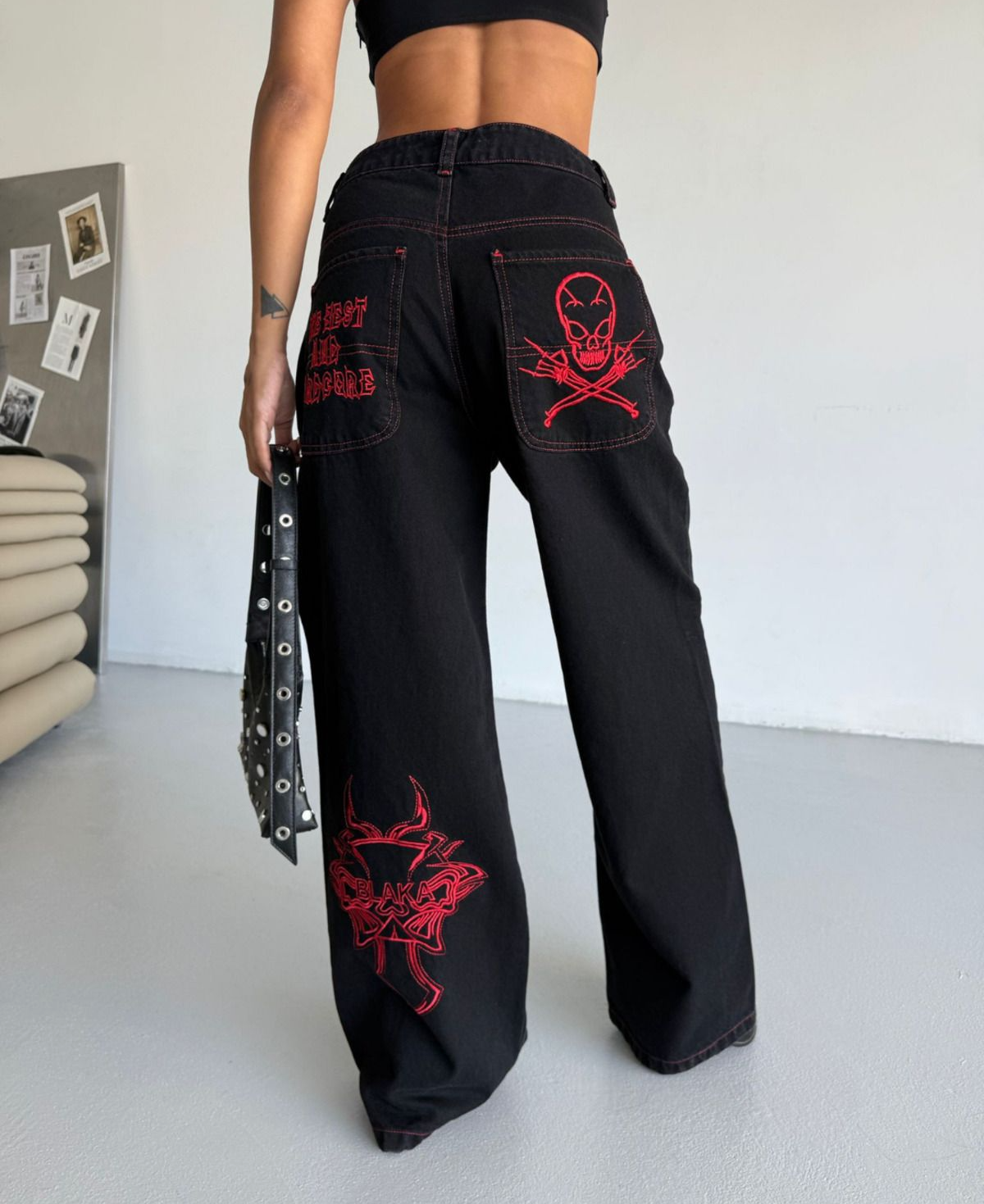 Siyah Nakışlı Retro Gothpunk Rock Bol Paça Pantolon