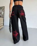 Siyah Nakışlı Retro Gothpunk Rock Bol Paça Pantolon