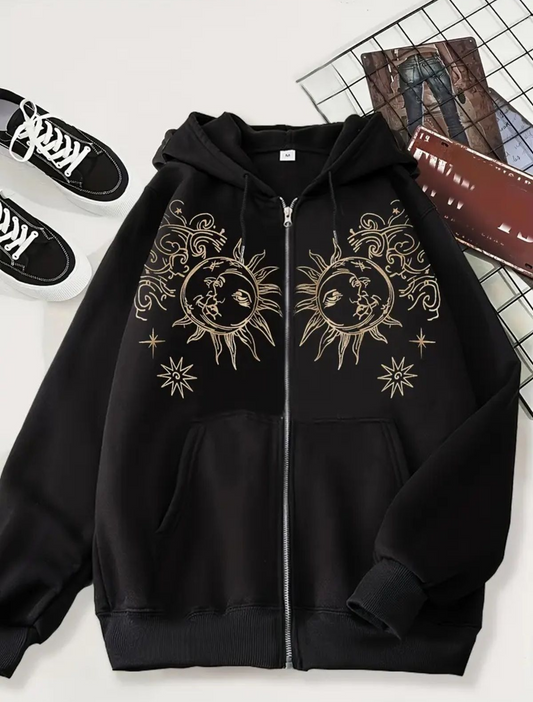 Gothic Baskılı Oversize Fermuarlı Siyah Unisex Kapüşonlu Hırka