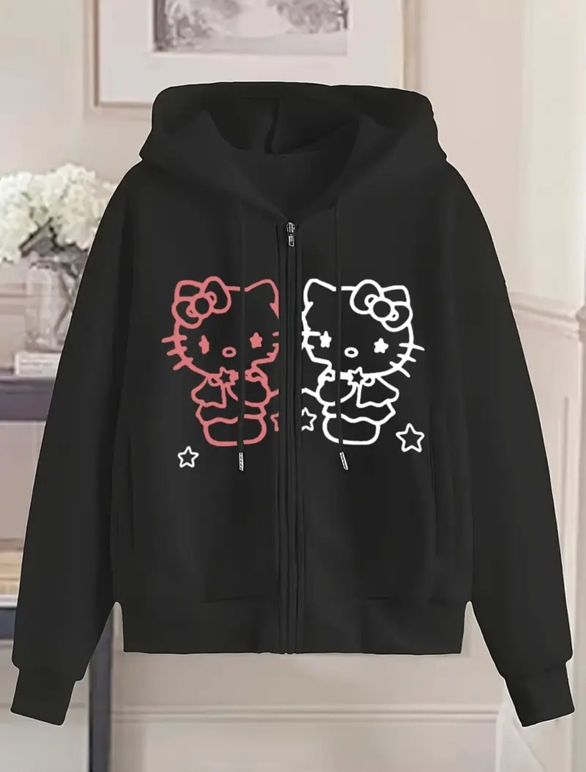 Kitty Baskılı Oversize Fermuarlı Siyah Unisex Kapüşonlu Hırka