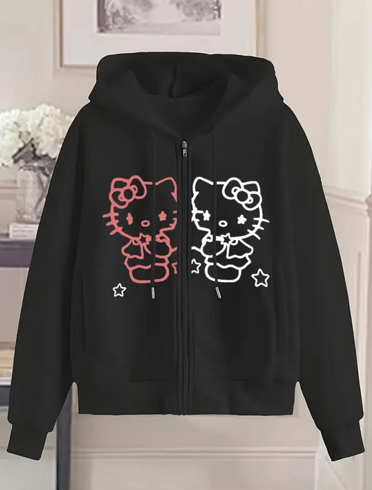 Kitty Baskılı Oversize Fermuarlı Siyah Unisex Kapüşonlu Hırka