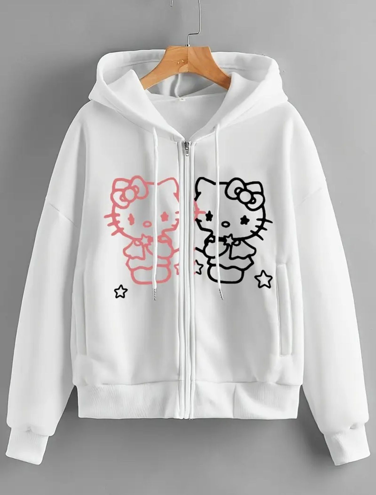 Kitty Baskılı Oversize Fermuarlı Siyah Unisex Kapüşonlu Hırka