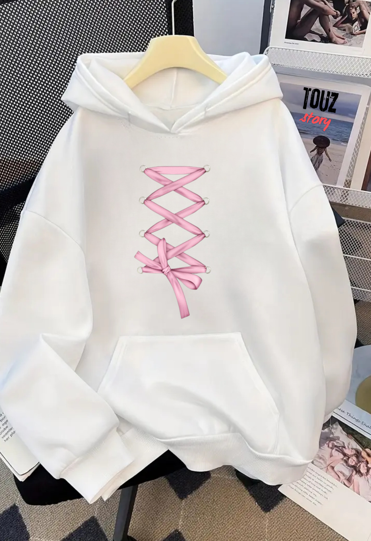 Ribbon Detail Baskılı Kapşonlu Sweatshirt